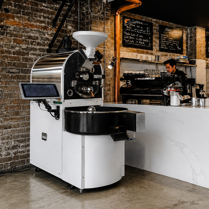 White Yoshan coffee roaster installed inside a café